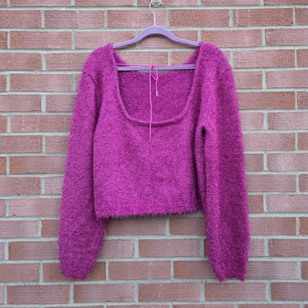 By Anthropologie Eyelash Pullover Cropped Sweater Metallic Pink Size Large - Picture 4 of 7
